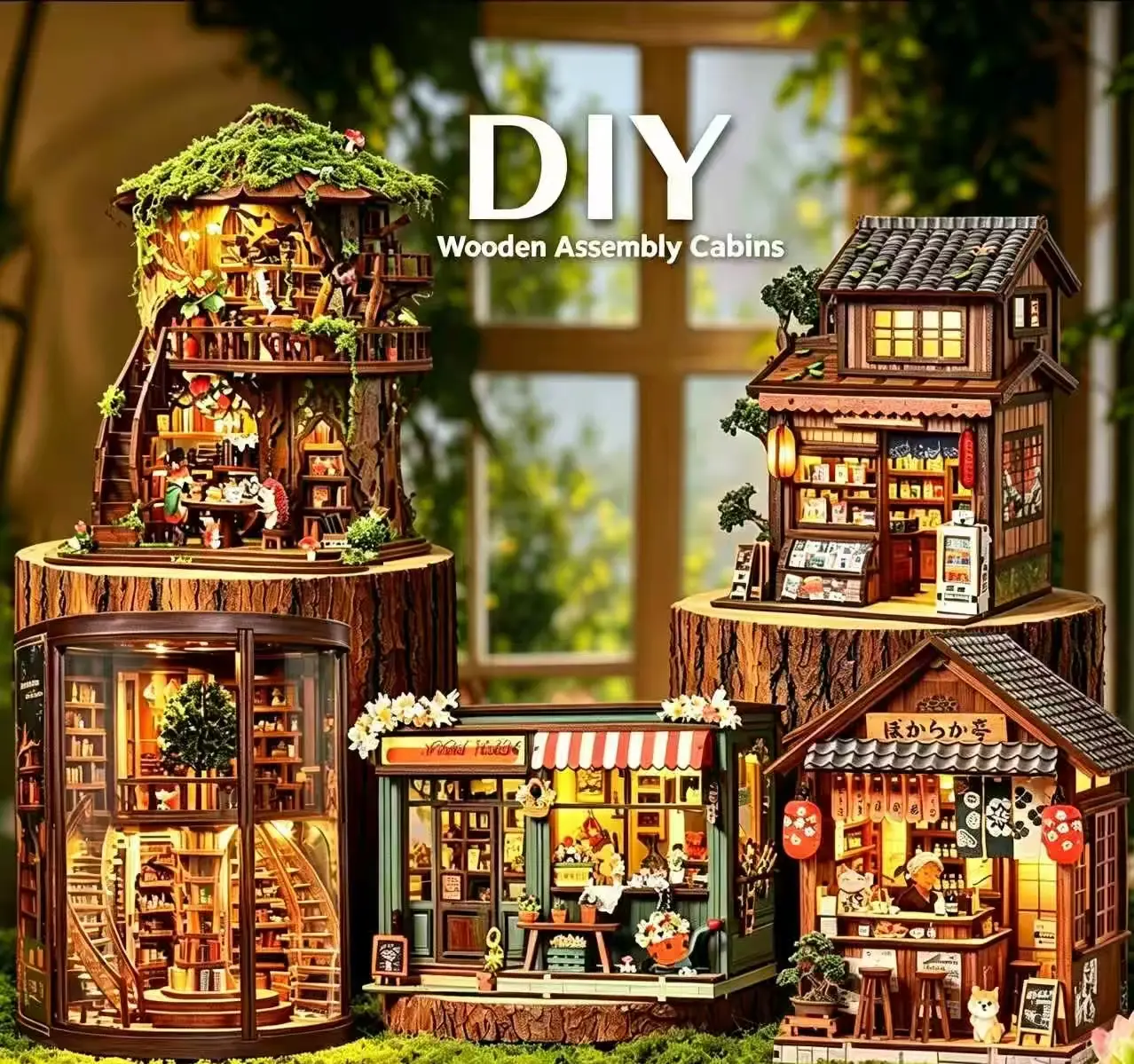 DIY Wooden Book Nook Kit with LED Lights, 3D Miniature Micro Scene Dollhouse Assembly Puzzle, Stress Relief Handmade Craft Gift for Adult Book Lovers