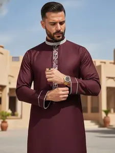 Men's Middle Eastern Traditional Clothing, Islamic Muslim Arabic Style, Wine Stand Collar Embroidered Long Sleeve Premium Traditional Thobe Robe for Muslim