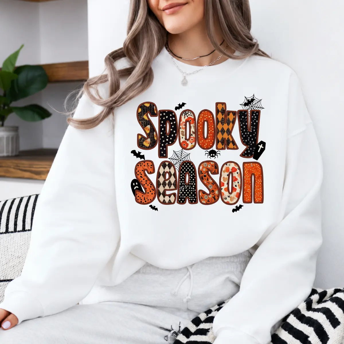 JACKSON HOAI STORE Women's Halloween Cotton-Poly Top - Spooky Season Patchwork Letter Graphic, Retro Pumpkin Bat Spider Web, Casual Streetwear ShortSleeve Tee, Fall Outfit Trick or Treat Gift
