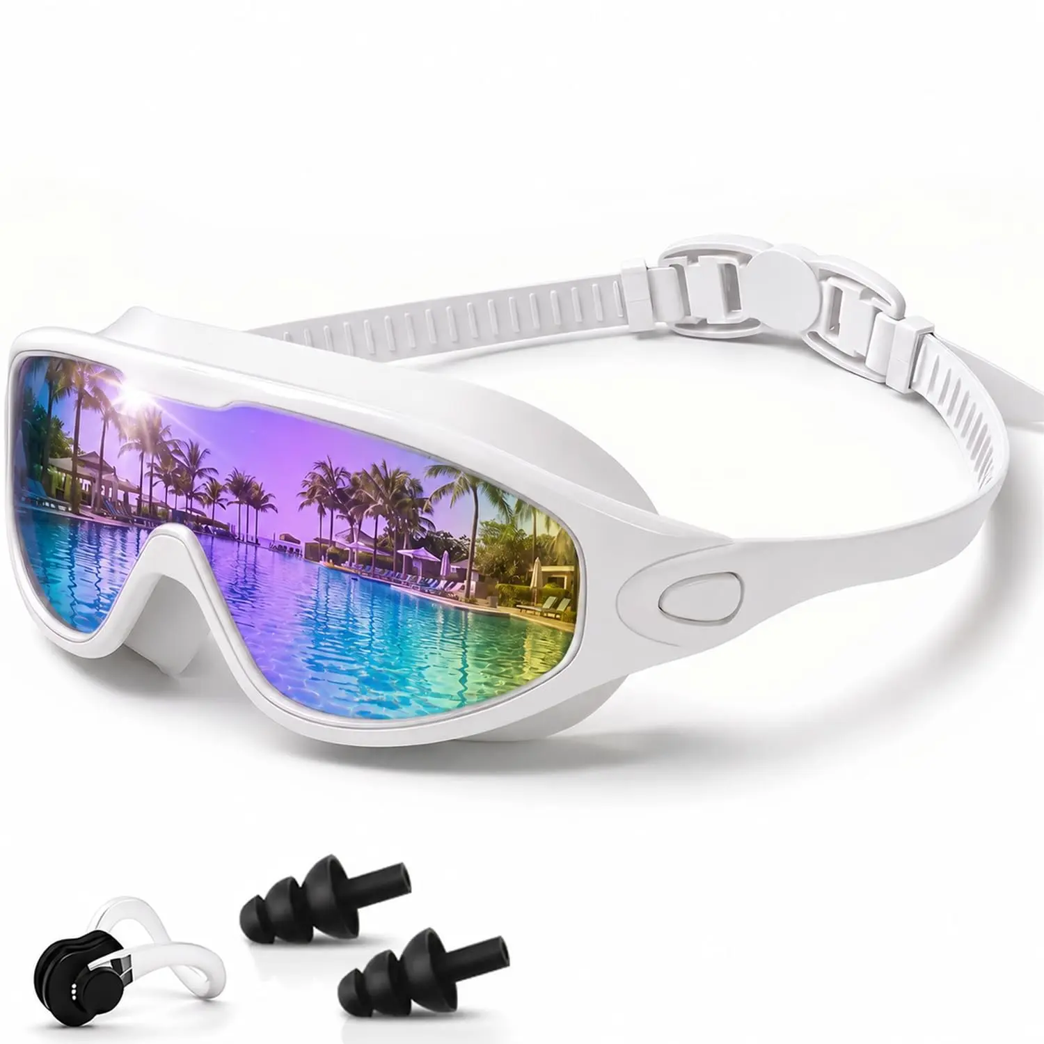 Adult Swim Goggles, Anti-Fog Wide View No Leak Swimming Goggles with Ear Plugs & Nose Clip, Comfortable Pool Swim Glasses for Men Women, Lap Swimming & Training