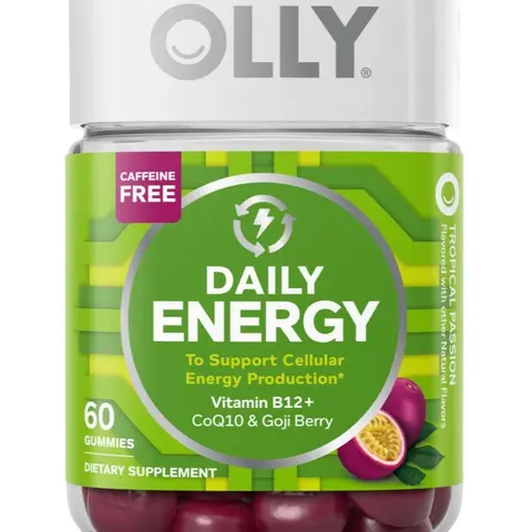 OLLY Daily Energy Gummy, Caffeine Free, Vitamin B12, CoQ10, Goji Berry, Adult Chewable Supplement, Tropical Flavor - 60 Gummies