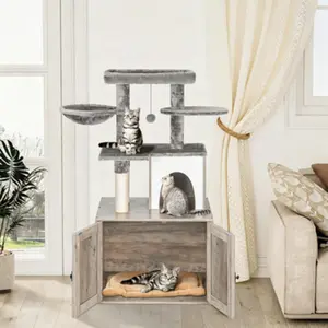 Cat Litter Box Enclosure Integrated with Cat Tree Tower and Private Condo, Stylish Hidden Pet Washroom Furniture Equipped with Sisal Scratching Post and Cozy Plush Rest Perch, Sturdy Wooden Cat Cabinet with Multi-Level Activity Platforms, Gray Finish