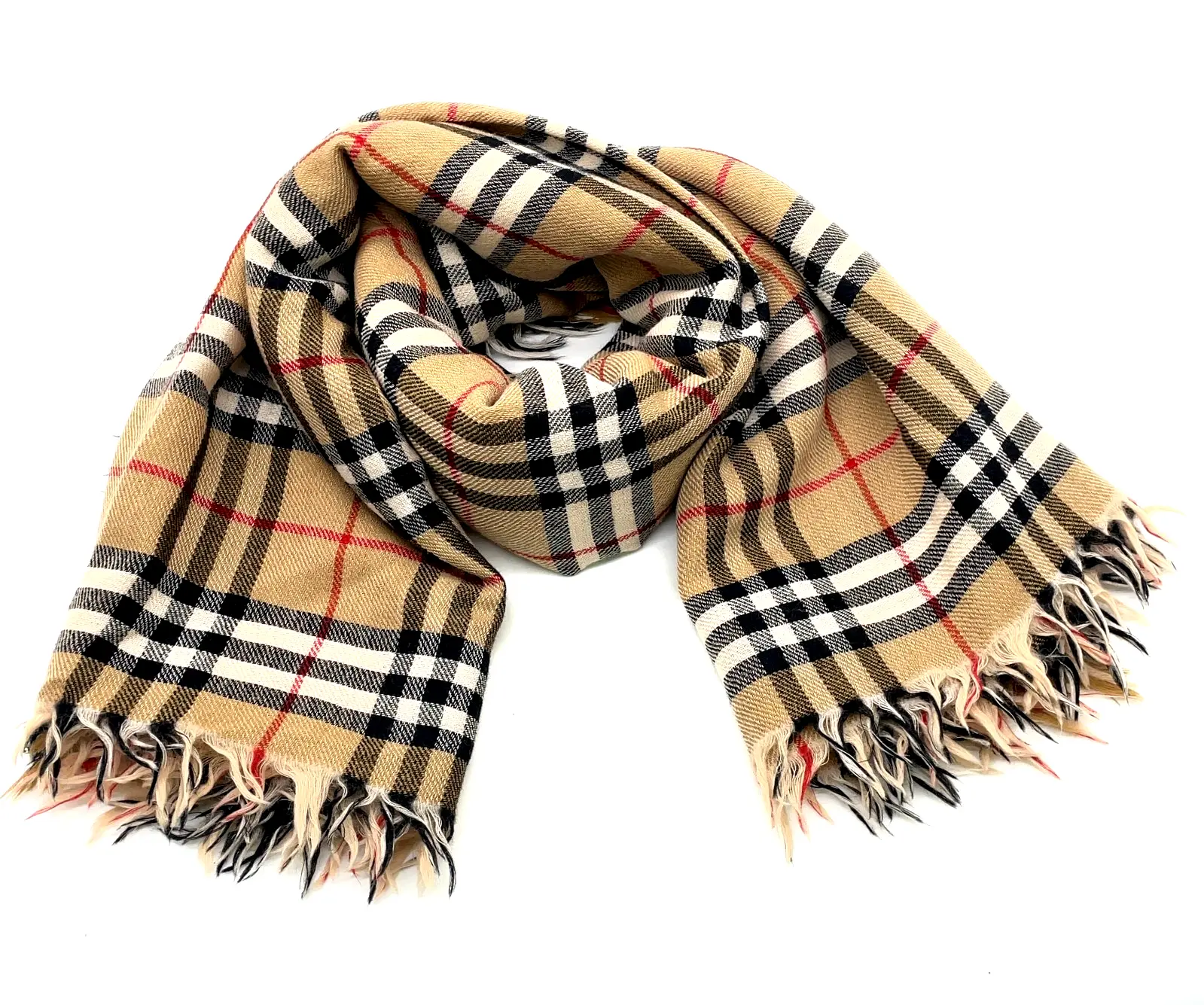 Pre-owned Burberry Nova Check 100% Wool Beige Fringe Scarf 10966769180/415271