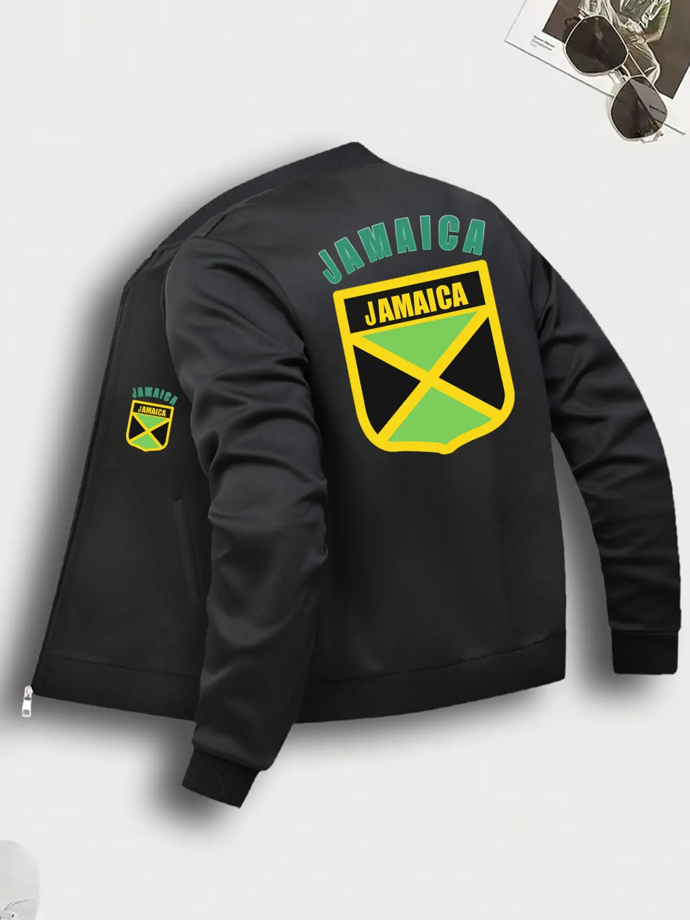 Jamaica Print Zipper Jacket Coats, Casual Bomber Jackets, Casual Comfy Jacket, Comfortable Fashion Workwear & Daily Wear, Long Sleeve Fitted Casual Style, Moderate Fabric, Fall&winter