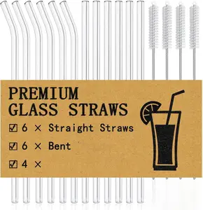 Piteno Premium Glass Straws Set - 16-Pack Reusable Clear Drinking Straws, 8.5''x10MM, Includes 6 Straight & 6 Bent Straws with 4 Cleaning Brushes, BPA-Free, Dishwasher Safe, Ideal for Smoothies, Milkshakes, Juice, Tea Utensils