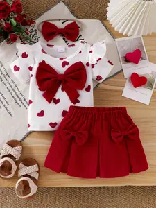 Baby Girl Elegant Romantic 3-Piece Set, Heart Stripe Big Bow Short Sleeve Top, Wine Pleated Skirt, Hair Accessories
