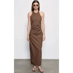 Enza Costa Poplin Halter Dress in Chocolate