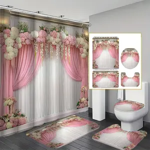 Romantic Floral Print Bathroom Set, Waterproof Shower Curtain & Toilet Mat, Modern Home Decor, Includes 12 Hooks, Ideal Housewarming Gift