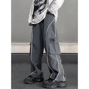 Men's Loose Letter Patched Contrast Binding Pocket Detail Drawstring Cargo Pants, Mens Pants, Casual Trousers for Spring Fall Winter