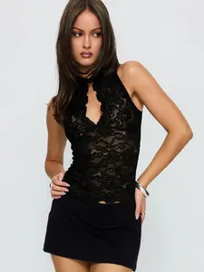 Elegant Lace Halter Top, Sleeveless Design, Half High Neckline, Floral Sheer Fabric, Front Cutout, Side Gathered Waist, Perfect for Daily Wear, Casual Sleeveless Halter, Casual Sleeveless Tank