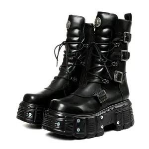 CELNEPHO Womens Mid Calf Boots Round Toe Platform Heel Metal Buckle Side Zipper Lace Up Thick Sole Goth Jennifers Body Boots Chic Riverts Party Casual Work Motorcycle Combat Shoes StepUp Styles
