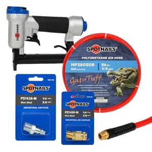 Spotnails Upholstery Stapler Kit – Includes PS7116 22-Gauge Stapler, 50' Red Poly Air Hose (3/8" NPT), Steel Air Plug (1/4" Plug x 3/8" M-NPT) & Brass 6-Ball Coupler
