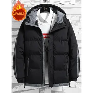 Men’s heavy-duty winter jacket, thick warm hooded coat, full-zip closure, front full zip and zippered pockets, suitable for skiing, snowy days, everyday winter wear, stylish branded menswear, solid color design, loose fit.