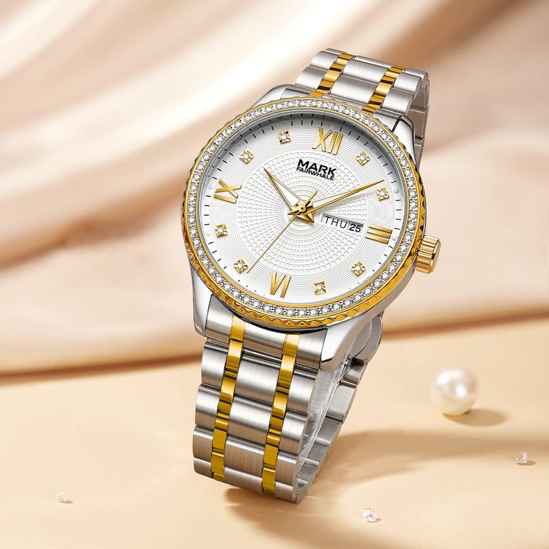 MARK FAIRWHALE Men's Business Wristwatch with Gift Box, Stainless Steel Band Waterproof Quartz Watch, Luminous Hands & Calendar Display for Dates, Travel, Parties & All Seasons