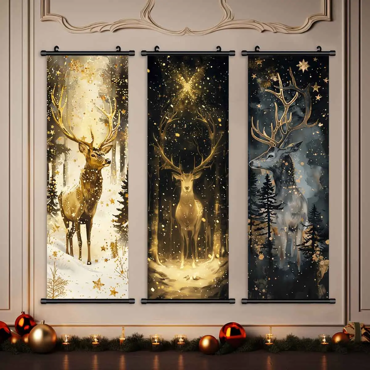 3-Piece Christmas Wall Art Set, Starry Night Reindeer Design, Modern Home Decor Posters, Waterproof HD Prints, Gift Box Included