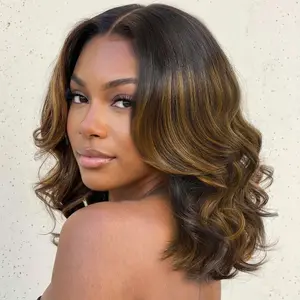 Nadula 7x5 Glueless Wig Brown Balayage Highlight Body Wave Bob with Caramel Face-Framing Layered Shoulder-Length Wig