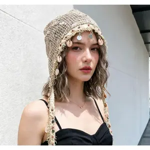 Boho Style Cutout Mesh Slouchy Head Wrap, Shell Decor Loose Face Slimming Turban Hat for Women Spring Summer