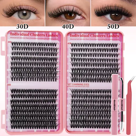 0.07mm PBT False Eyelash Set, 640PCS DIY Cluster Lashes Book Kit with Lash Bond&Seal, Tweezers, D-Curl 30D-40D-50D 9-16mm Mixed Sizes, Nature Soft Comfortable Long-Lasting Beginner-Friendly Home Use Bundle