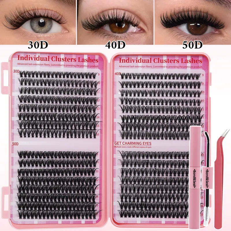 0.07mm PBT False Eyelash Set, 640PCS DIY Cluster Lashes Book Kit with Lash Bond&Seal, Tweezers, D-Curl 30D-40D-50D 9-16mm Mixed Sizes, Nature Soft Comfortable Long-Lasting Beginner-Friendly Home Use Bundle