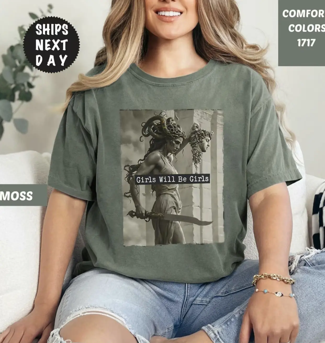 (Comfort Colors) Girls Will Be Girls Shirt, Medusa With The Head of Perseus Feminist Shirt, Shirt For Women, Vintage Graphic
