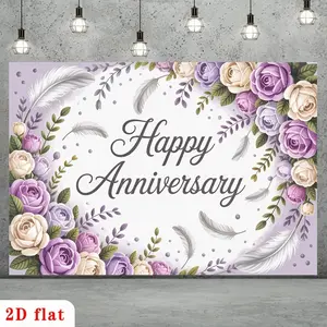 2D Flat Banner polyester photography backdrop, HD digitally printed with elegant purple and cream roses, botanical leaves, and grey feathers, featuring "Happy Anniversary" text; soft, lightweight, foldable, and machine washable ba