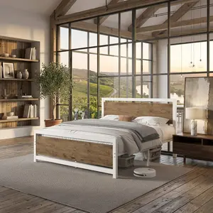 Farmhouse Metal Platform Bed Frame Wooden Headboard Footboard Noise Free 10.5 Inch Underbed Storage No Box Spring Needed Bedroom Furniture