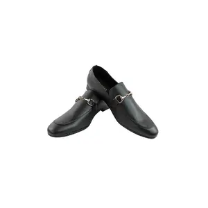 Mens Genuine Leather Black Slip On Dress Shoes With Gold Buckle Loafers By AZARMAN