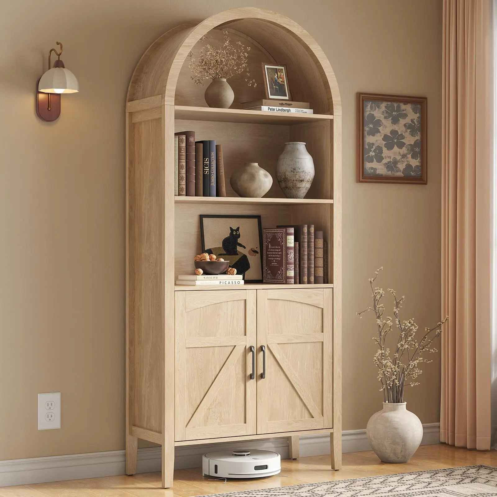 【SummerFinds】ONBRILL Wooden Bookshelf Book Rack - 71" Tall Arched 5-Tier Farmhouse Freestanding Modern Furniture, 31.1"w x 11.8"d x 71"h, 20-25 Kg, with Storage Cabinet, Door, Adjustable Shelf for Home Office Styling