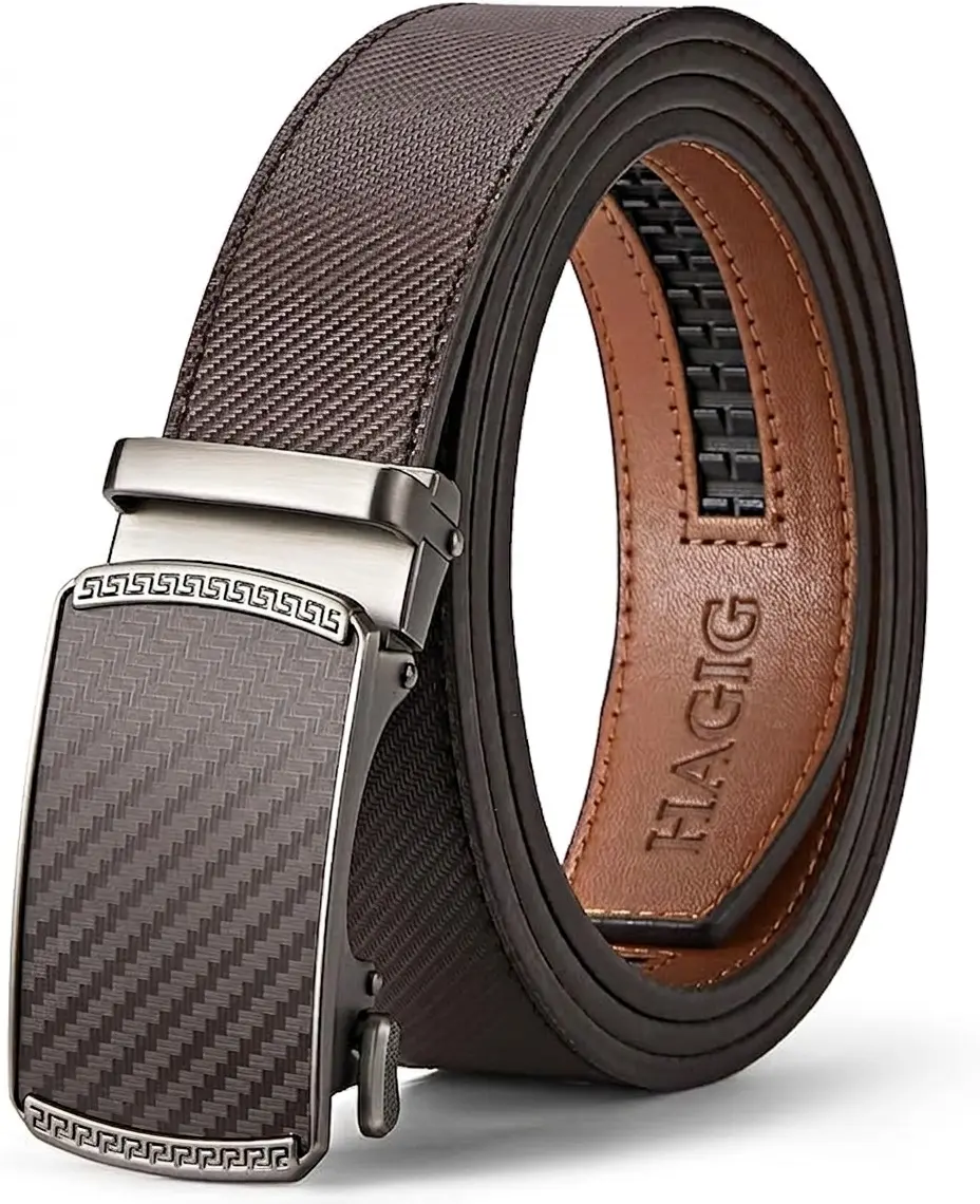 HAGIG Men’s Leather Ratchet Belt – Automatic Adjustable Buckle, Premium Brown Belt for Men 1 (pack)