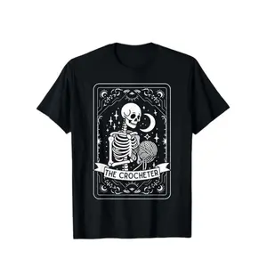 Crochet Skull Tarot Card Knitted Fitted Textured T-Shirt, Perfect Gift for Knitting & Crochet Enthusiasts, Unique Design Craft Hobbyist Tee