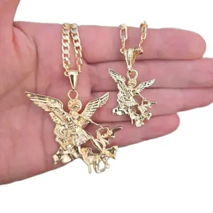 Arcangel San Miguel Protector Necklace Gold Plated with Detailed Angel Charm and Chain Design
