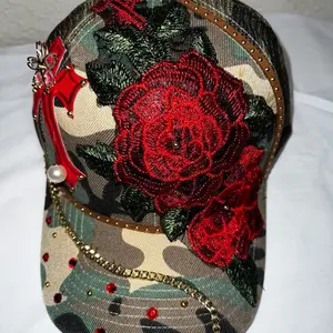 Camo & Roses Embroidered Hat with Red Rose design and Gold Chain Detail
