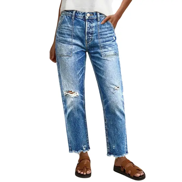 Flamingals Raw Hem Ripped Mid Waist Straight Leg Crop Jeans Womenswear Stretchy 25.6" Inseam