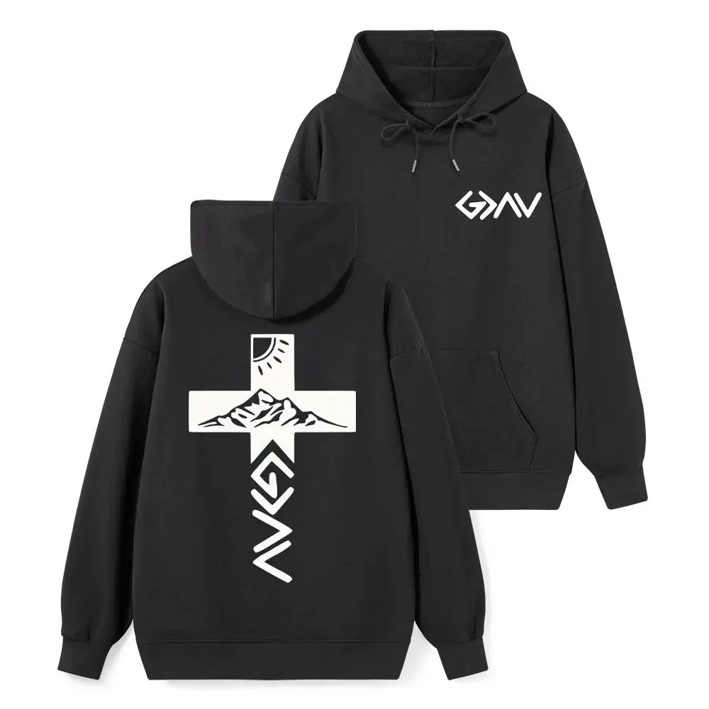 God Is Greater Than The Highs And Lows Christian Hoodie Mountain Cross Double Sided Print Unisex Faith Hooded Sweatshirt