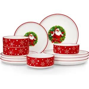 Plates and Bowls Sets, 12 count Christmas Porcelain Dinnerware Set for 4, Ceramic Dishware Dishes Kitchen Dinner Dining Ware Set, Microwave and Dishwasher Safe, Series LUNA-Santa Claus