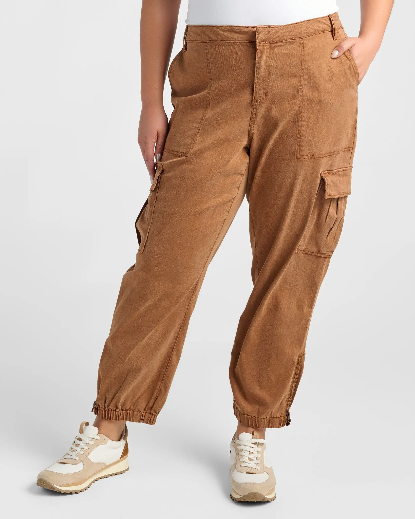 Plus Size Relaxed Fit Cargo Pants, Breathable Cotton Twill with a Tapered Leg, 6 Pockets and Cuffed Ankles, Pocket, Plus Size Basics, Bottom, Women, Cute, Lady, Mid-Rise, Tapered Legs