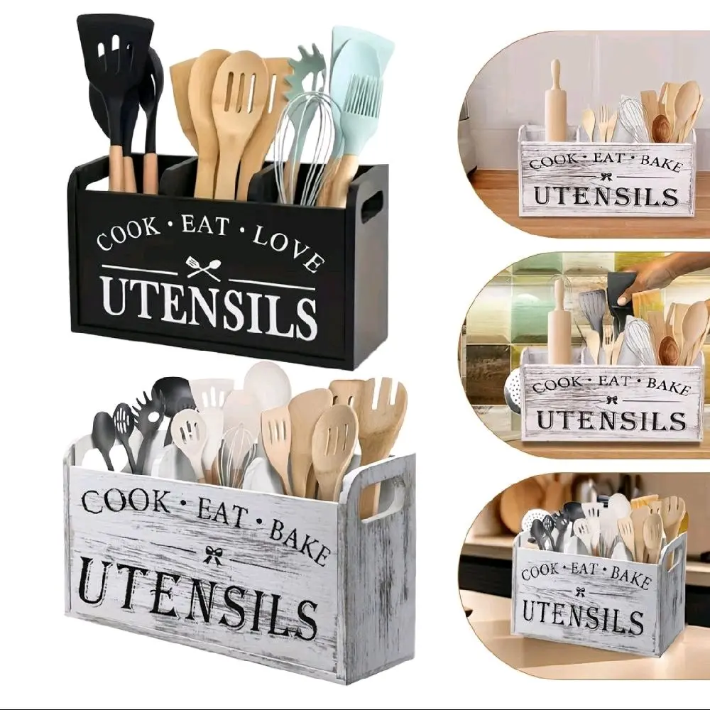 1 Rustic Wooden Kitchen Utensil Rack, 3 Compartment Countertop Organizer, Farmhouse Decor, Non-Food Contact, No Batteries Needed, Kitchen Storage Box | Decorative Utensil Holder | Handmade Appearance