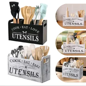 1 Rustic Wooden Kitchen Utensil Rack, 3 Compartment Countertop Organizer, Farmhouse Decor, Non-Food Contact, No Batteries Needed, Kitchen Storage Box | Decorative Utensil Holder | Handmade Appearance