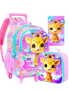 3PCS Giraffe Rolling Backpack for Girls, Kids School Backpacks with Wheels, Water Resistant UV Printed Roller Wheeled Bookbag Set