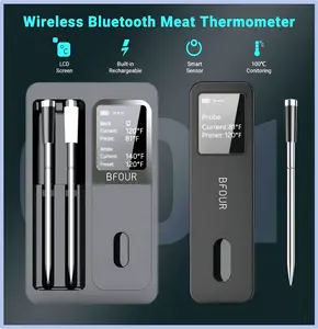 Wireless Bluetooth Meat Thermometer 328FT Remote Range with LCD Screen Booster Rechargeable Smart App Control for Grilling Smoker BBQ Oven Kitchen Utensils Measuring Stainless Steel