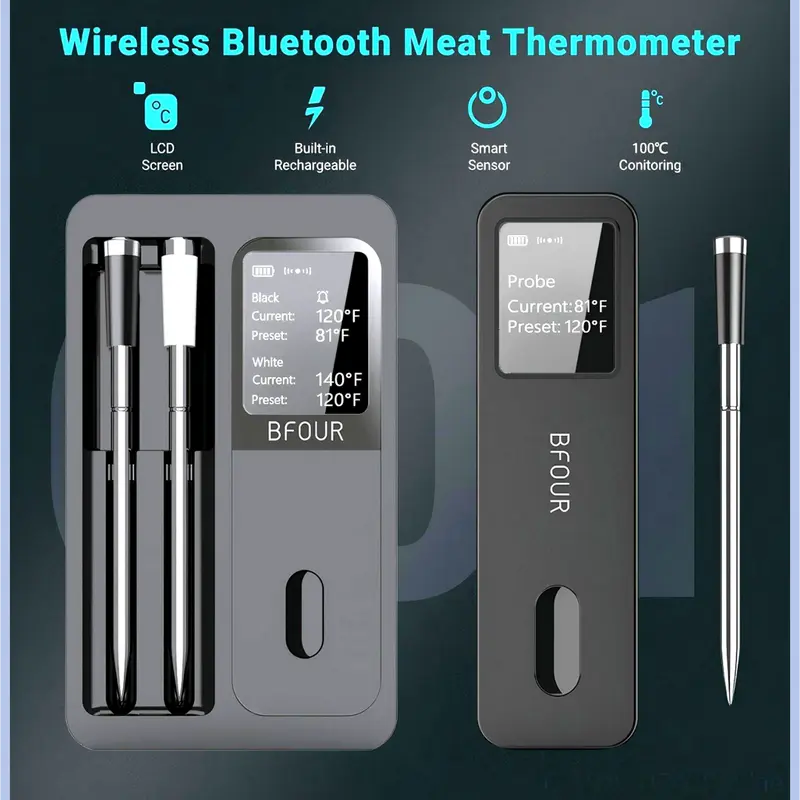 Wireless Bluetooth Meat Thermometer 328FT Remote Range with LCD Screen Booster Rechargeable Smart App Control for Grilling Smoker BBQ Oven Kitchen Utensils Measuring Stainless Steel