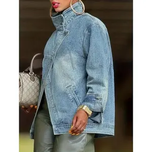 Women's Vintage Washed High Neck Asymmetric Button Loose Denim Jacket Street Style Trendy Versatile Top for Spring Autumn Winter Seasons Coats