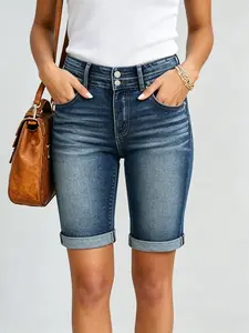 Women's High-Waisted Cotton Fashion Jean Bermuda Shorts - Stretchy Denim, Button Fly, Trendy Patch Pockets, Casual Summer Wear
