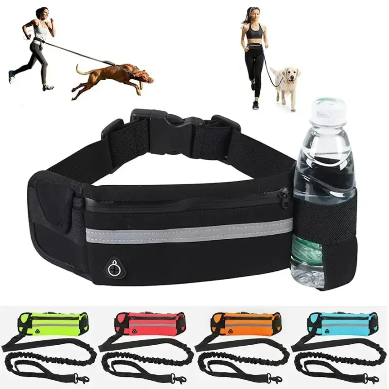 Hands-Free Dog Waist Leash with Reflective Strip, Universal Harness, Walking Harness, Retractable Bungee Lead, Adjustable Length, Reduced-Pulling Nylon Belt, Included Pouch - Suitable for Running, Hiking