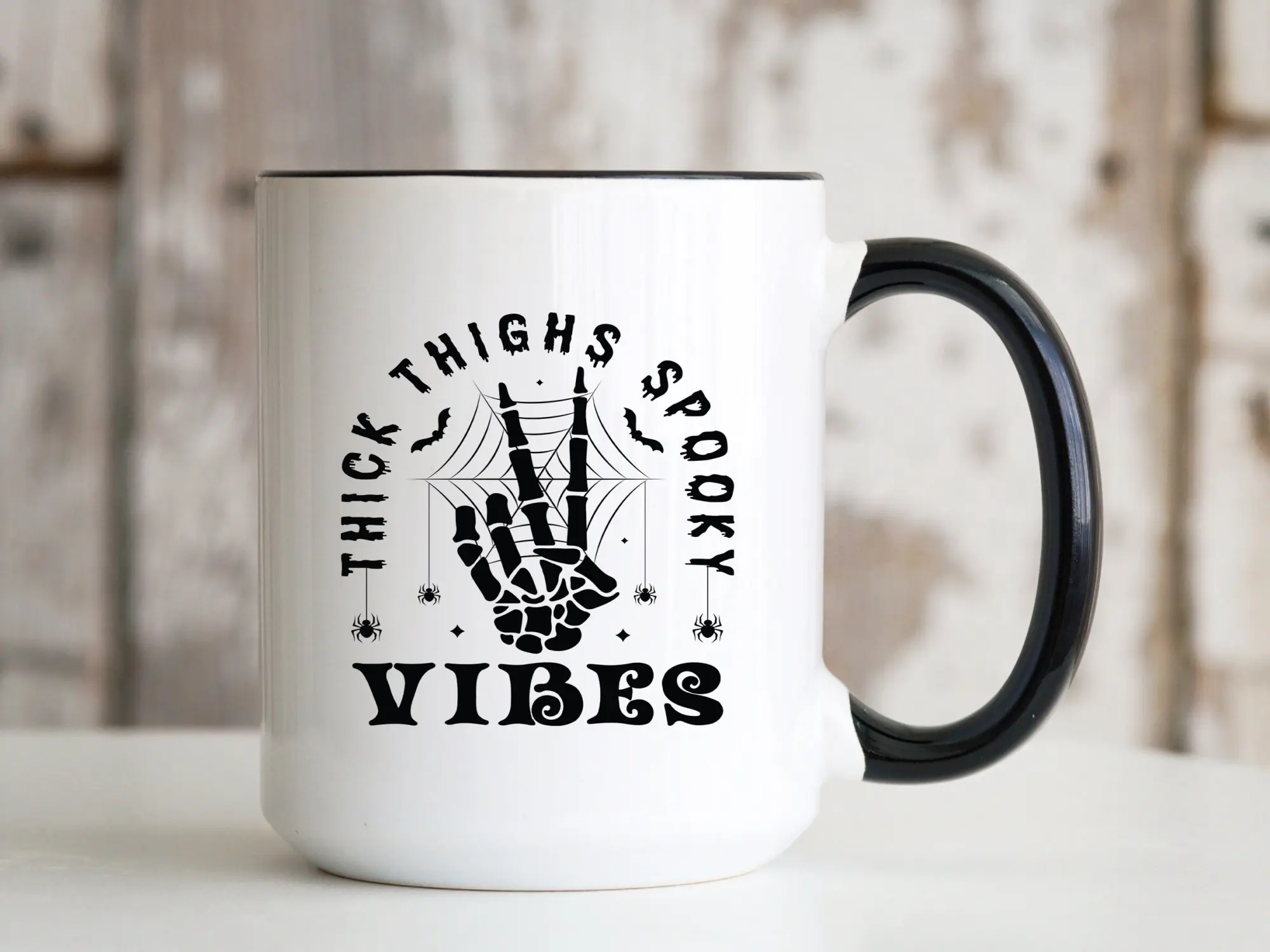 Thick Thighs Spooky Vibes 15oz Coffee Mug Funny Halloween Ceramic Cup with Handle Goth Gothic Witchy Skeleton Alt Alternative Aesthetic