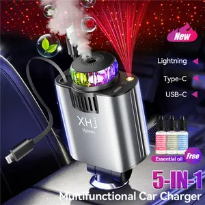 5in1 Smart Car Charger with Car Air Freshener Aromatherapy Diffuser,Retractable Fast Charging,Intelligent Sensing Atmosphere Lighting Starlight Headliner Vehicle and Travel Air Freshener,Includes 3x10ML Perfume