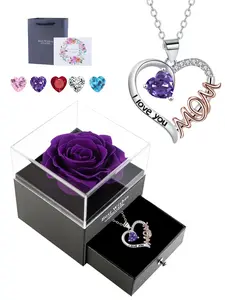 I Love You Mom Heart Pendant Necklace With Purple Rose Jewelry Gift Box, Mother's Day & Birthday Gifts Jewelry for Mom Grandma Aunt, Heart Design Necklace, Exquisite Jewelry Gift
