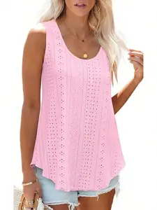Women's Sleeveless Mesh Breathable Embroidered Round Neck Loose Casual Summer Vest Top, 1 Piece, Comfortable and Stylish