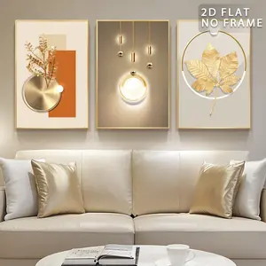 Set of 3 Unframed Modern Luxury Gold Leaves Wall Art Abstract Canvas Prints, Contemporary Golden Geometric Wall Decor, Minimalist 3 Piece Canvas Wall Art for Living Room, Bedroom, Office