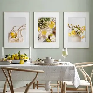 3 Pieces Yellow Lemon Tree Italian Kitchen Vase Art, Summer Fruit Wall Mural, Fresh Italian Home Art, Contemporary Gallery Decor, Bright Tone Painting, Wall Decor for Kitchen and Dining Room, Framed or Unframed.